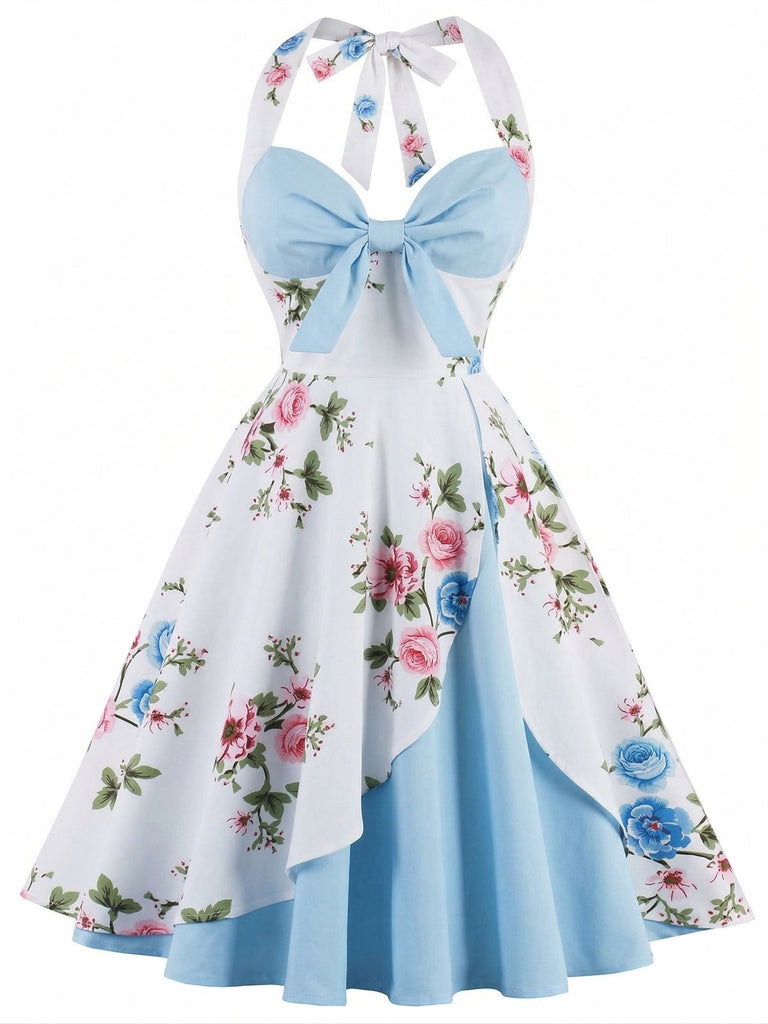 Pre-Sale] Sky Blue 1950s Halter Floral Swing Dress
