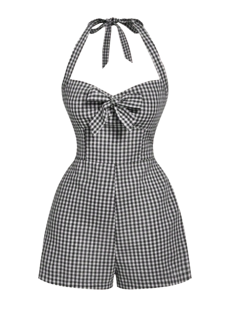 1950s Halter Gingham Plaids Bow Romper - vintage jumpsuit, retro fashion