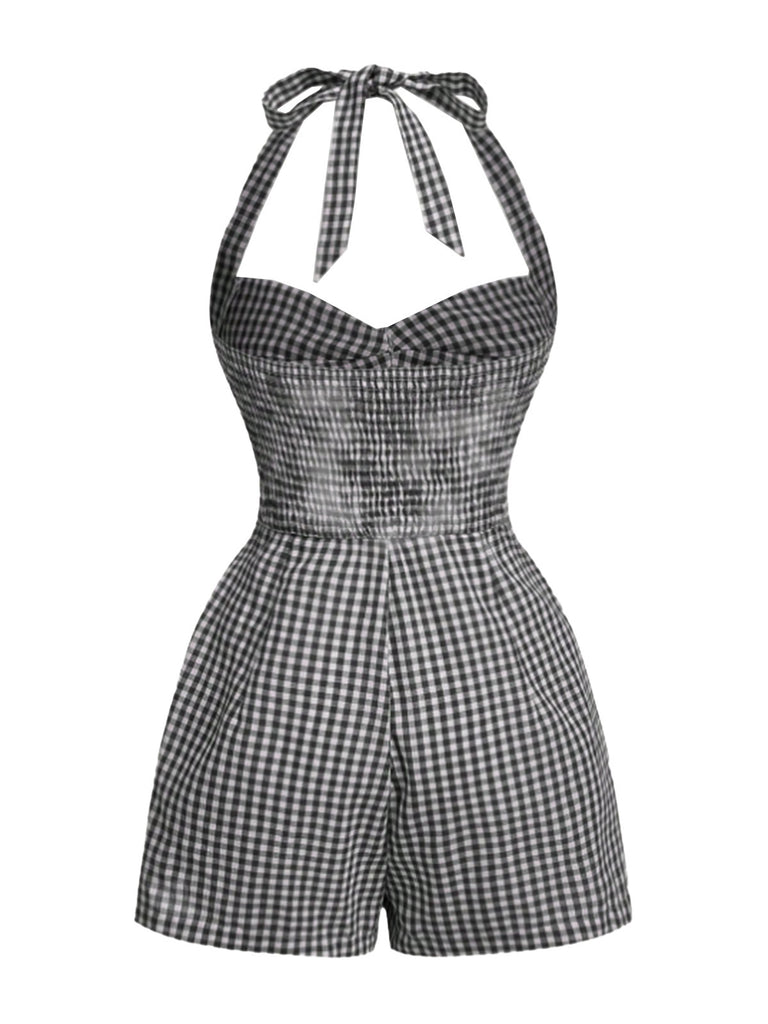 1950s Halter Gingham Plaids Bow Romper - vintage jumpsuit, retro fashion