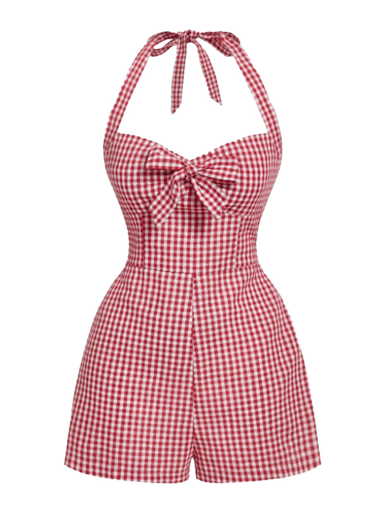 1950s Halter Gingham Plaids Bow Romper - vintage jumpsuit, retro fashion