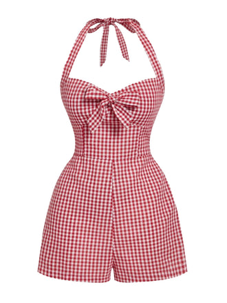 1950s Halter Gingham Plaids Bow Romper - vintage jumpsuit, retro fashion