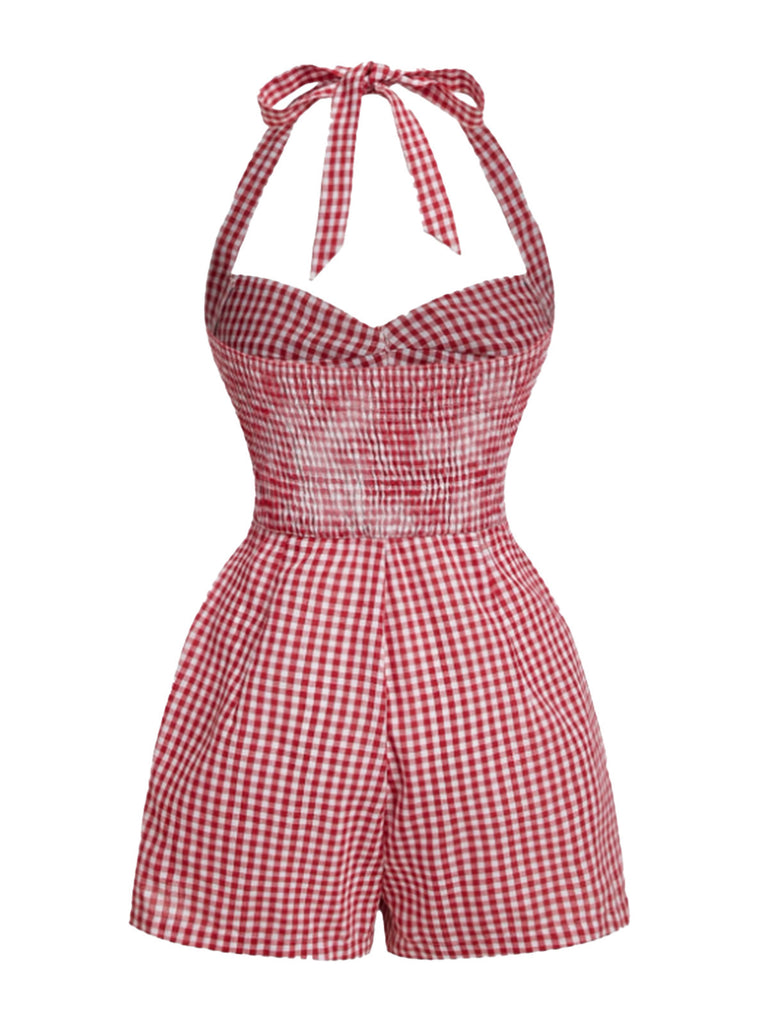 1950s Halter Gingham Plaids Bow Romper - vintage jumpsuit, retro fashion