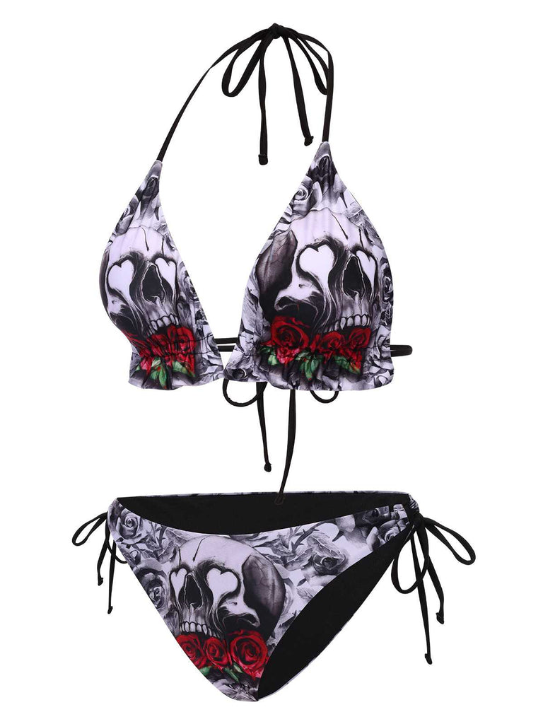 1950s Halter Gothic Skull Roses Swimsuit: 1950s Riviera elegance, reimagined for her