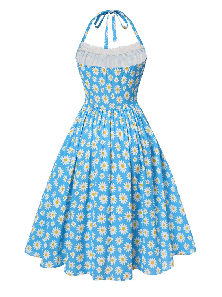 Blue 1950s Halter Lace Daisy Dress — a 1950s silhouette that turns sidewalks into runways