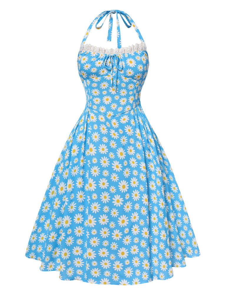 Retro Stage Summer Halter Daisy Lace Swing Dress Blue Dress Retro Stage Summer Halter Daisy Lace Swing Dress Blue Dress