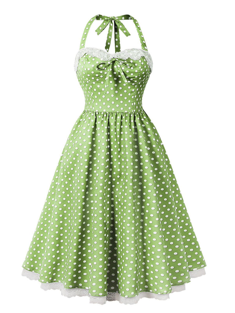 She slips into this 1950s Halter Lace Patchwork Polka Dots Dress and suddenly it's a 1950s daydream