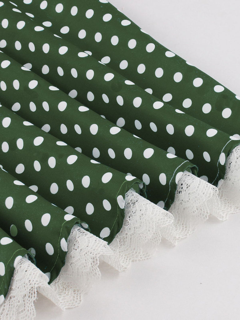 She slips into this 1950s Halter Lace Patchwork Polka Dots Dress and suddenly it's a 1950s daydream