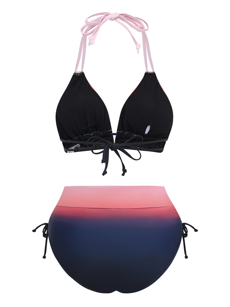 1950s Halter Ombre High-Waist Ruched Bikini Set - vintage fashion, retro style