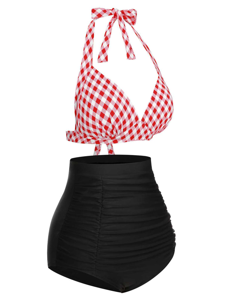 1950s Halter Plaids Lace-Up Swimsuit — 1950s poolside glamour meets sun-drenched confidence