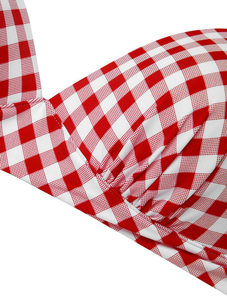 This 1950s Halter Plaids Lace-Up Swimsuit carries 1950s vacation dreams in every stitch