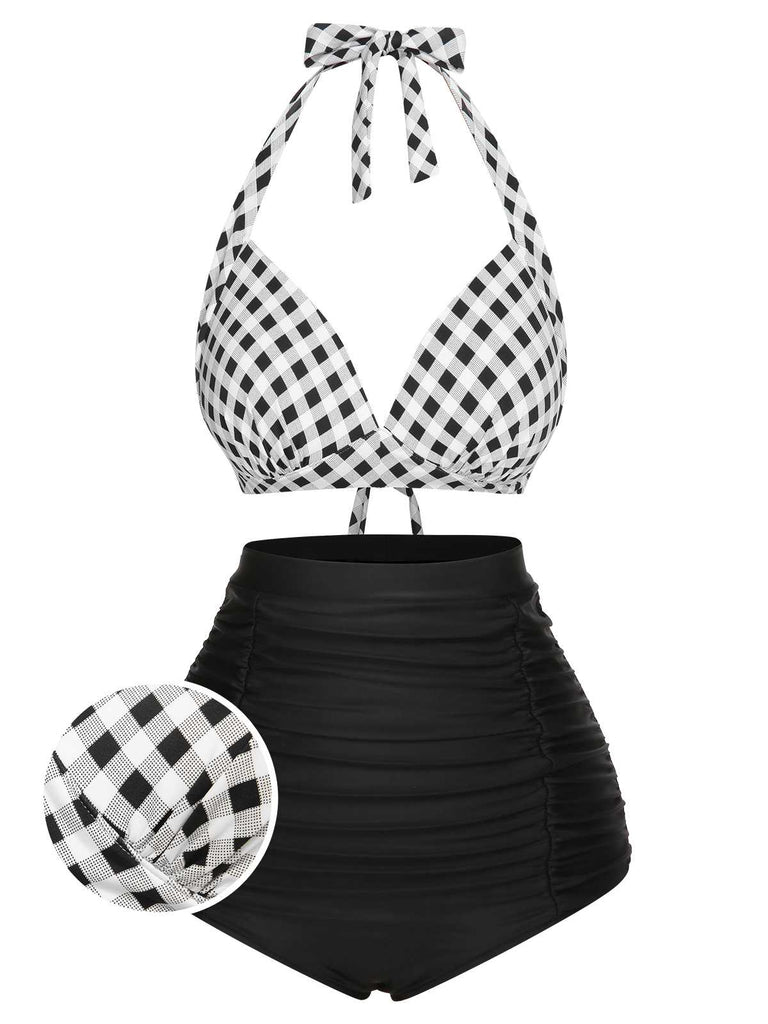 1950s Halter Plaids Lace-Up Swimsuit — 1950s poolside glamour meets sun-drenched confidence