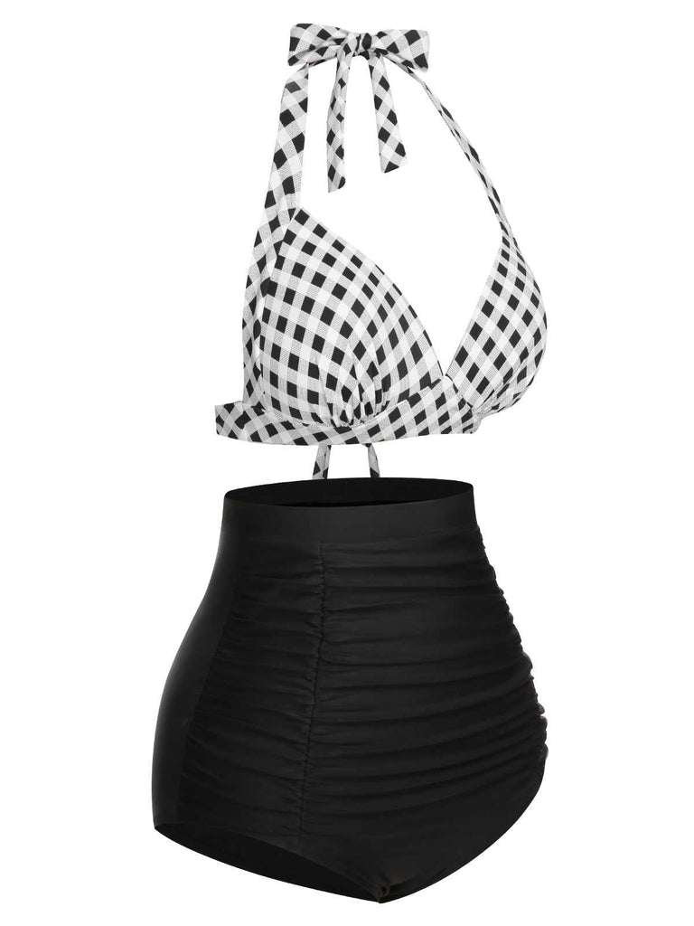 1950s Halter Plaids Lace-Up Swimsuit: 1950s Riviera elegance, reimagined for her