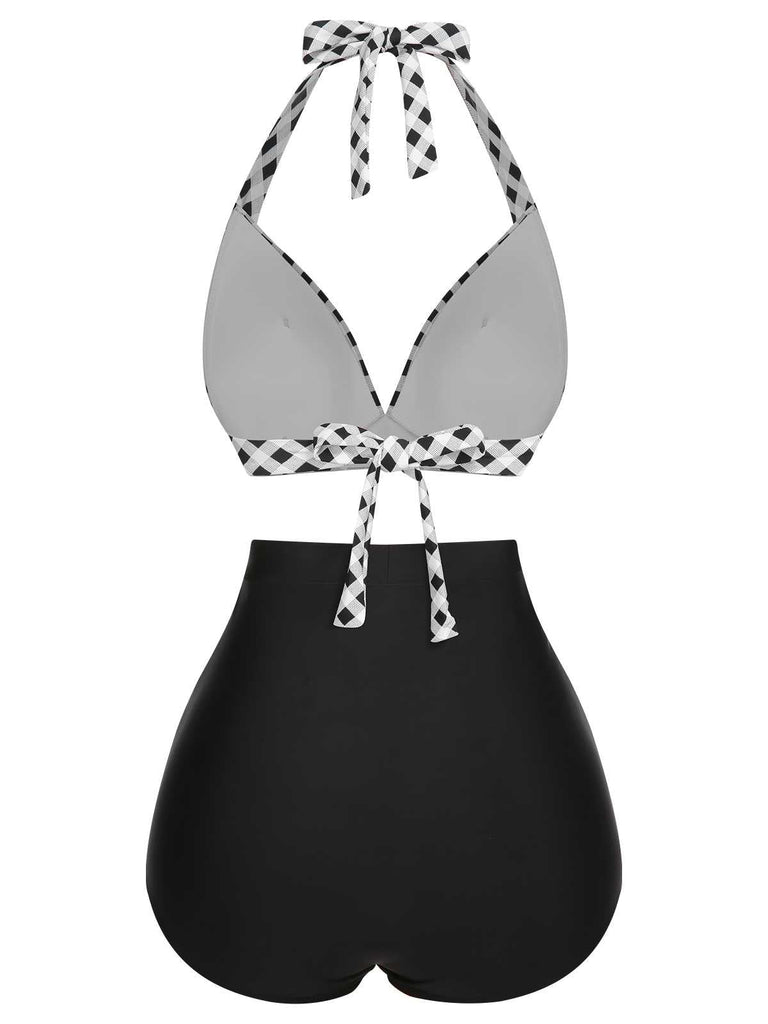 This 1950s Halter Plaids Lace-Up Swimsuit carries 1950s vacation dreams in every stitch