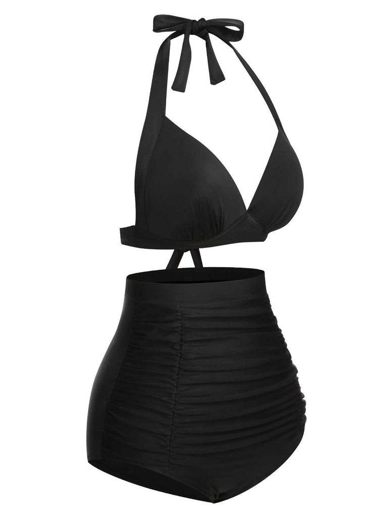 This 1950s Halter Plaids Lace-Up Swimsuit carries 1950s vacation dreams in every stitch