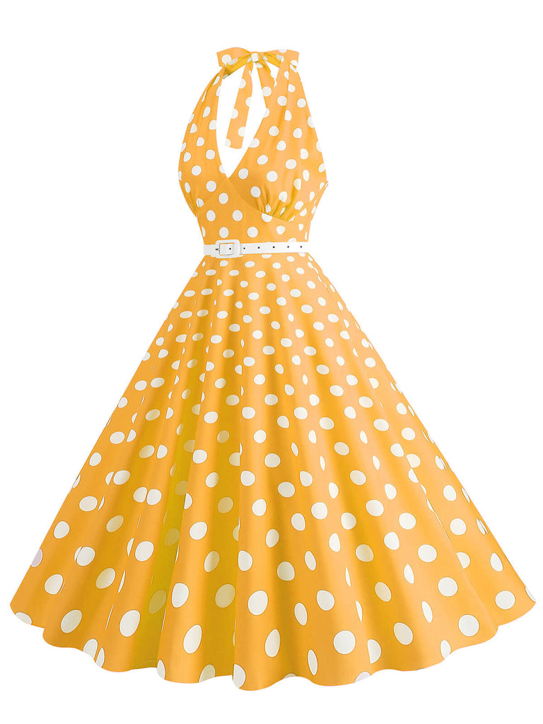 This 1950s Halter Polka Dot Print Swing Dress wraps her in 1950s elegance, one twirl at a time