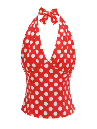 She pairs this 1950s Halter Polka Dots Backless Top with confidence and 1950s charm