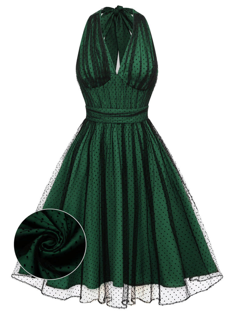 Green 1950s Halter Polka Dots Mesh Dress | Retro Stage Green 1950s Halter Polka Dots Mesh Dress | Retro Stage