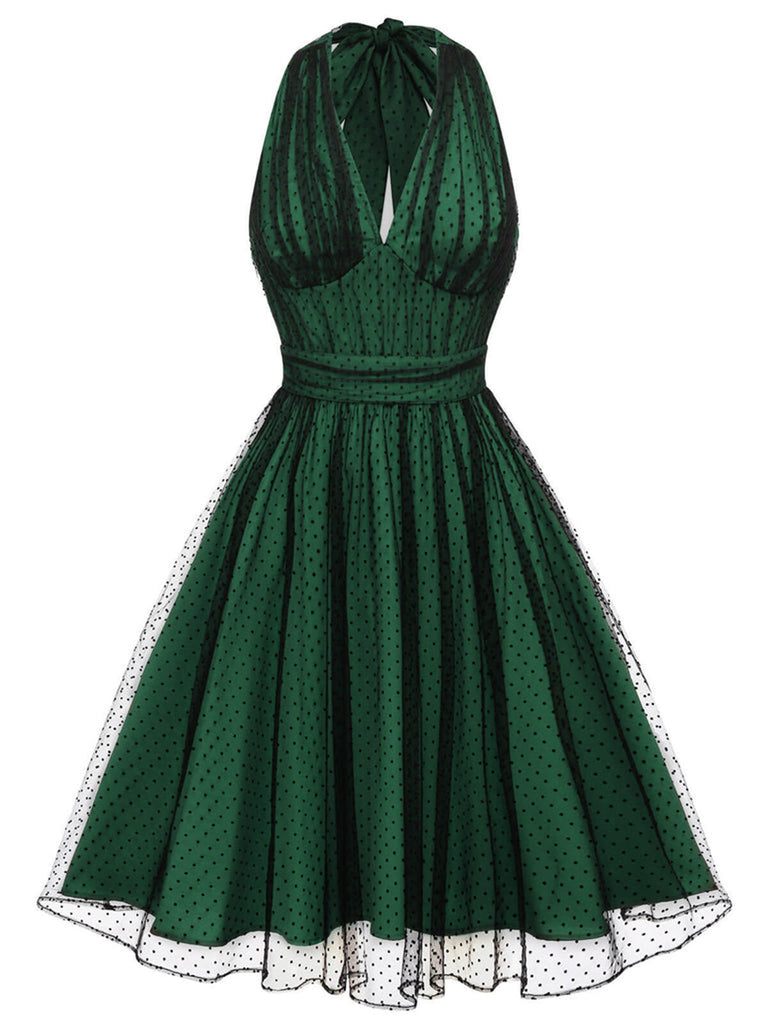 Green 1950s Halter Polka Dots Mesh Dress | Retro Stage Green 1950s Halter Polka Dots Mesh Dress | Retro Stage