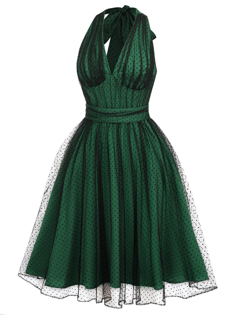 Green 1950s Halter Polka Dots Mesh Dress