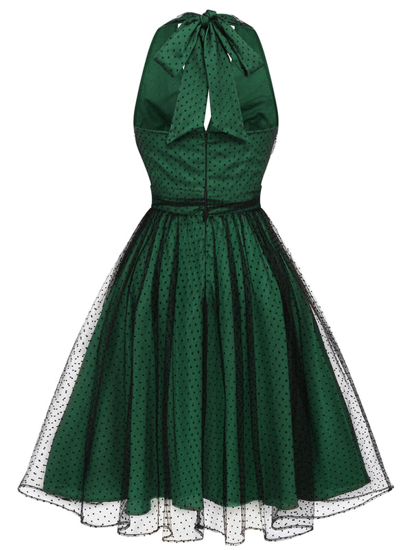 Green 1950s Halter Polka Dots Mesh Dress