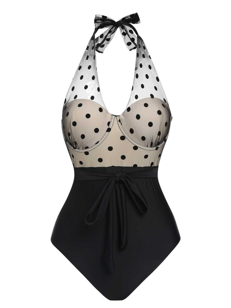 Black 1950s Halter Polka Dots Mesh Swimsuit: 1950s Riviera elegance, reimagined for her