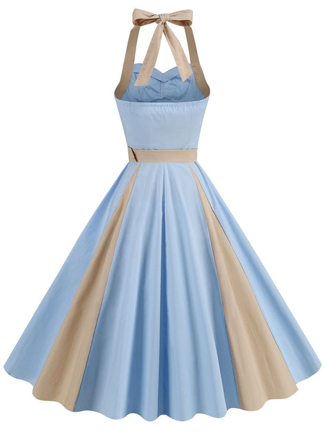 Retro Stage 1950s Halter Solid Color Block Belt Dress