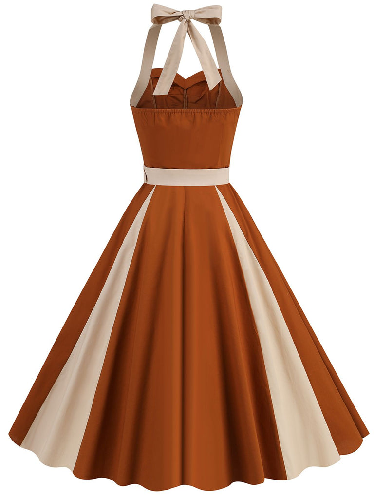 Retro Stage 1950s Halter Solid Color Block Belt Dress