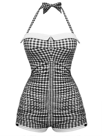 1950s Halter Striped Polka Dot Bowknot One-piece Swimsuit - vintage swimwear, retro swimsuit, pin-up style for vintage lovers