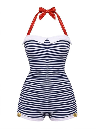 1950s Halter Striped Polka Dot Bowknot One-piece Swimsuit - vintage swimwear, retro swimsuit, pin-up style for vintage lovers