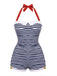 1950s Halter Striped Polka Dot Bowknot One-piece Swimsuit - vintage swimwear, retro swimsuit, pin-up style for vintage lovers