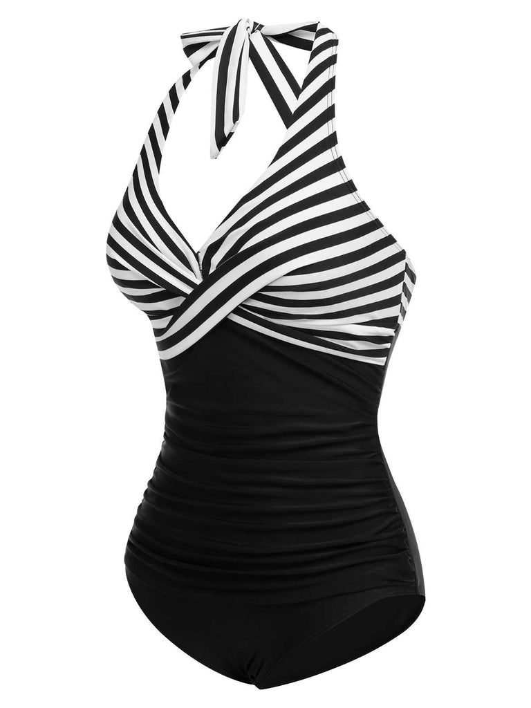 This 1950s Halter Stripes One-Piece Swimsuit carries 1950s vacation dreams in every stitch
