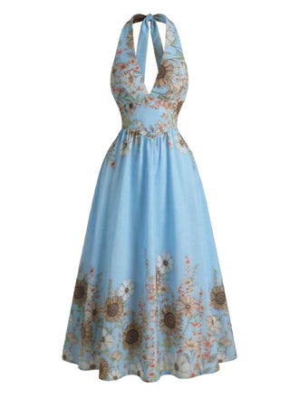 1950s-Halter-V-Neck-Sunflower-Fitted-Waist-Swing-Dress, vintage, retro, dress