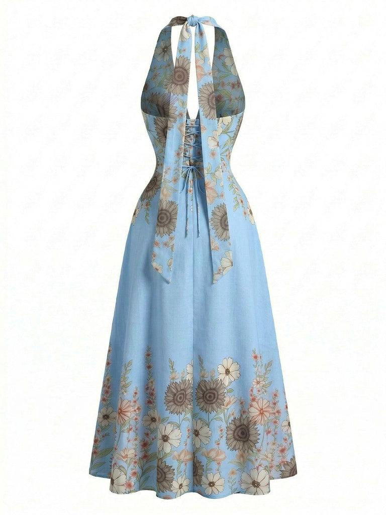 1950s-Halter-V-Neck-Sunflower-Fitted-Waist-Swing-Dress, vintage, retro, dress