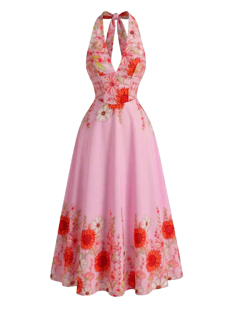 1950s-Halter-V-Neck-Sunflower-Fitted-Waist-Swing-Dress, vintage, retro, dress