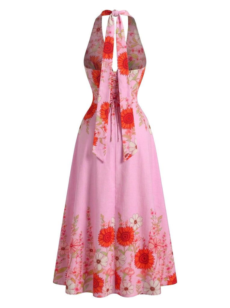1950s-Halter-V-Neck-Sunflower-Fitted-Waist-Swing-Dress, vintage, retro, dress