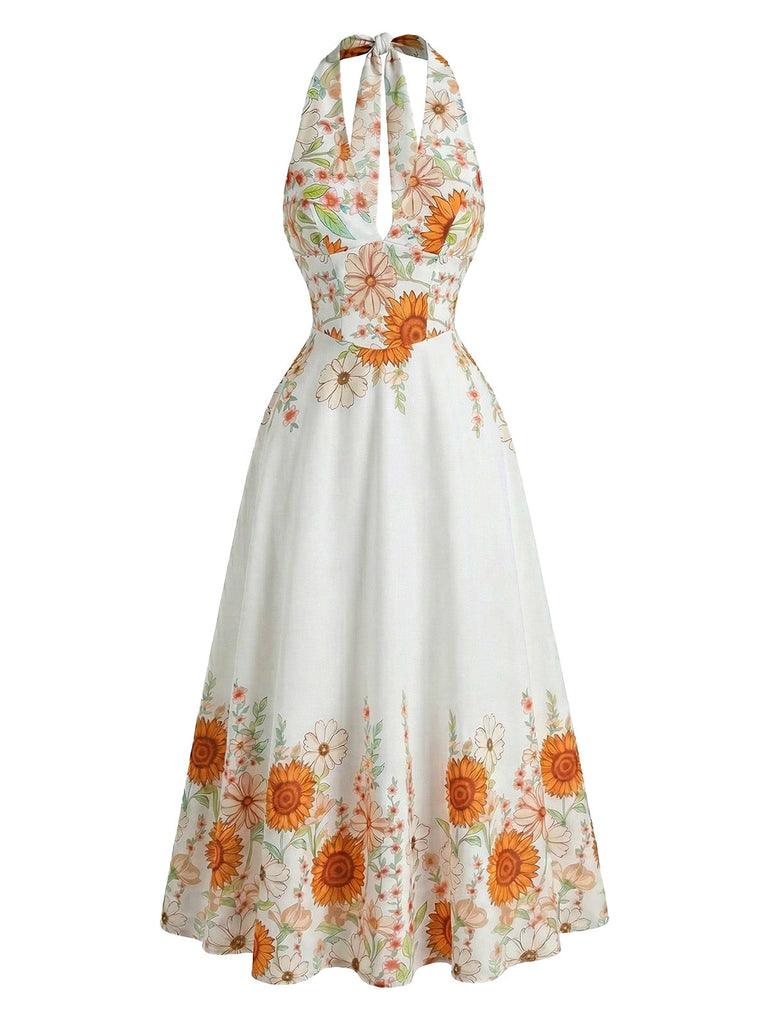 1950s Halter V-Neck Sunflower Fitted Waist Swing Dress 1950s Halter V-Neck Sunflower Fitted Waist Swing Dress