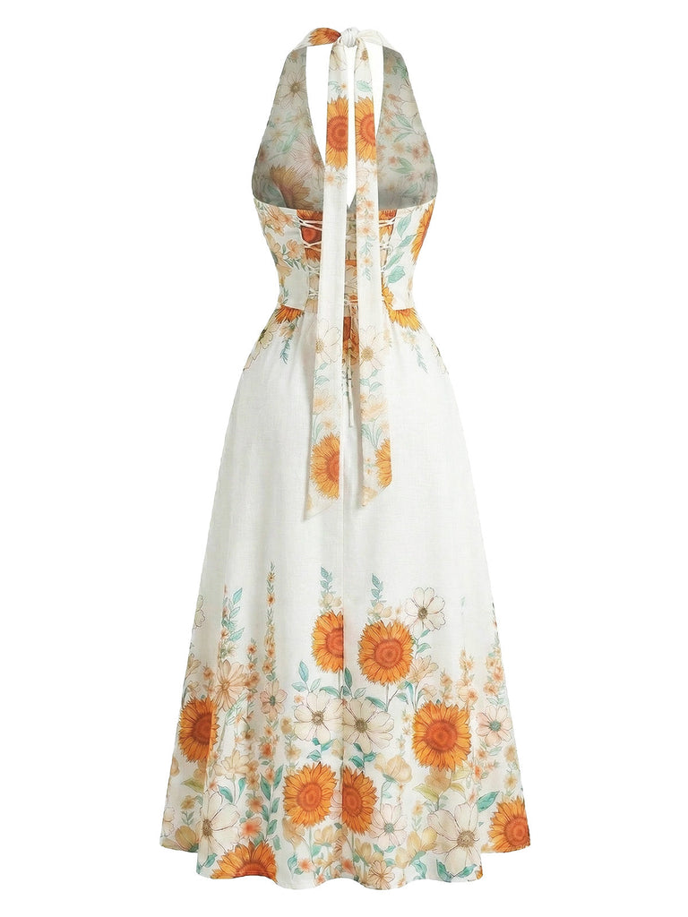1950s-Halter-V-Neck-Sunflower-Fitted-Waist-Swing-Dress, vintage, retro, dress