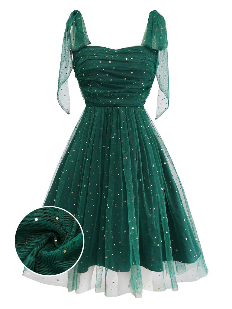 Green 1950s Glitter Shoulder Tie Ruched Dress | Retro Stage Green 1950s Glitter Shoulder Tie Ruched Dress | Retro Stage