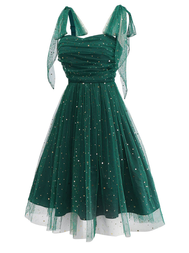 Green 1950s Glitter Shoulder Tie Ruched Dress | Retro Stage Green 1950s Glitter Shoulder Tie Ruched Dress | Retro Stage