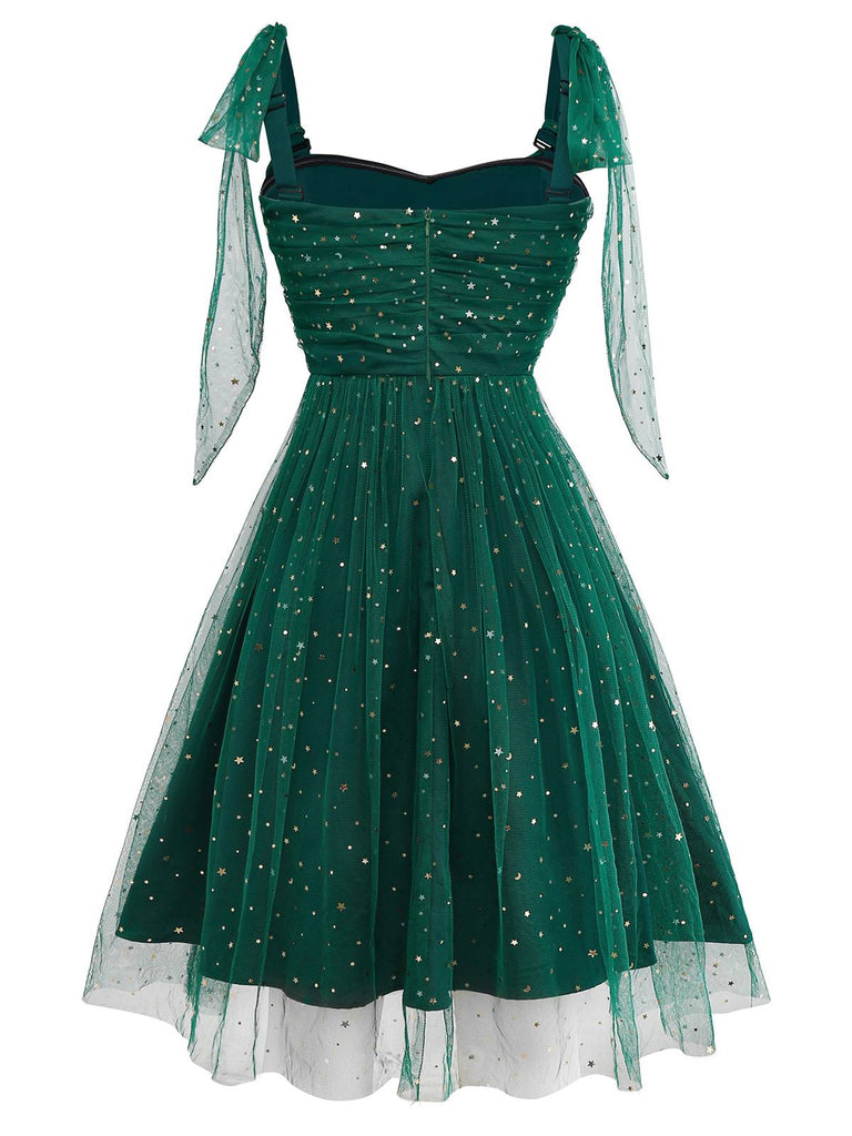 Green 1950s Glitter Shoulder Tie Ruched Dress | Retro Stage Green 1950s Glitter Shoulder Tie Ruched Dress | Retro Stage