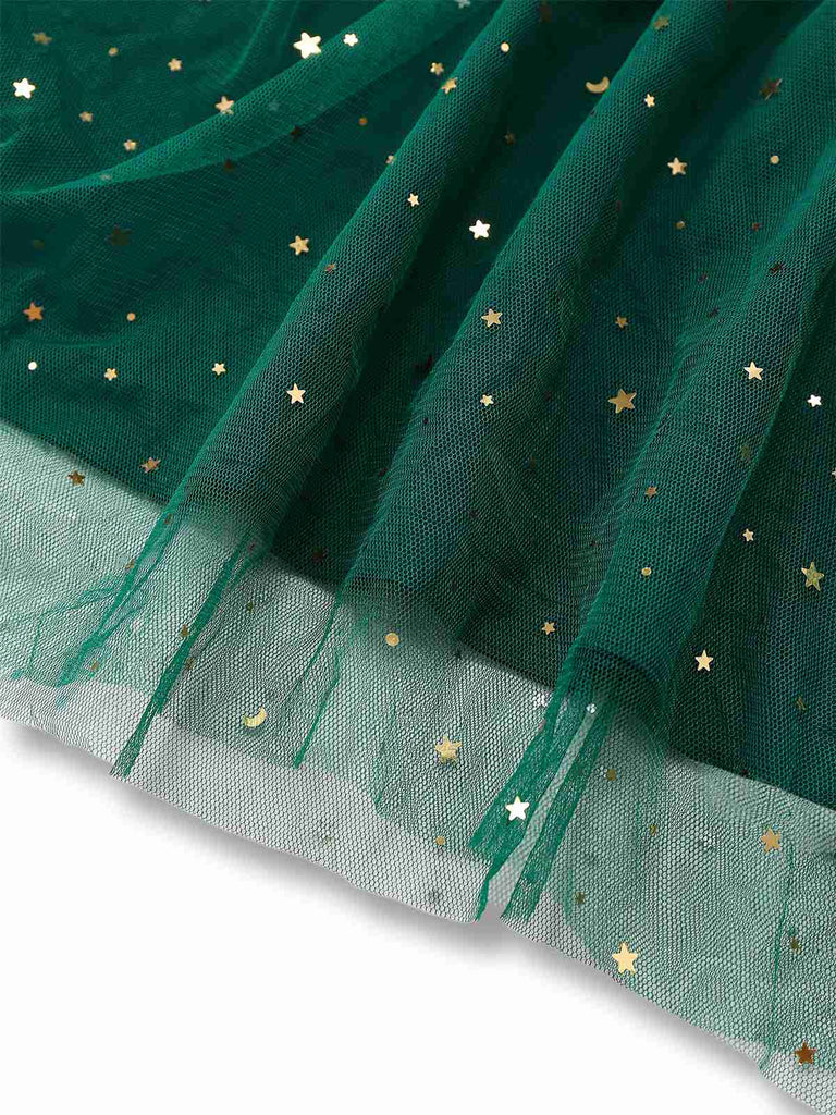 Green 1950s Glitter Shoulder Tie Ruched Dress