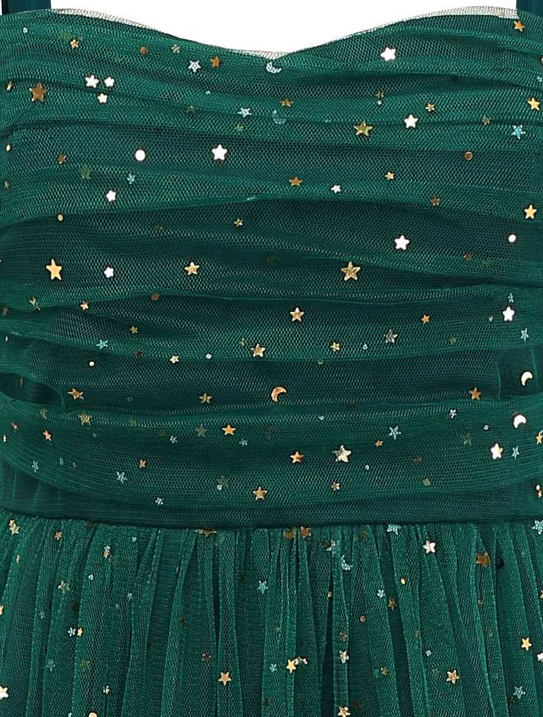 Green 1950s Glitter Shoulder Tie Ruched Dress