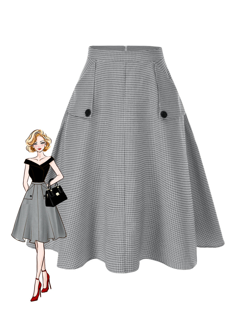 1950s High-Waist Plaids Button Pocket Skirt - vintage skirt, retro style