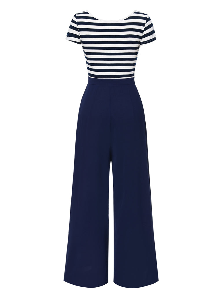 1950s Hollow Bow Stripe Patchwork Jumpsuit - vintage jumpsuit, retro chic for women