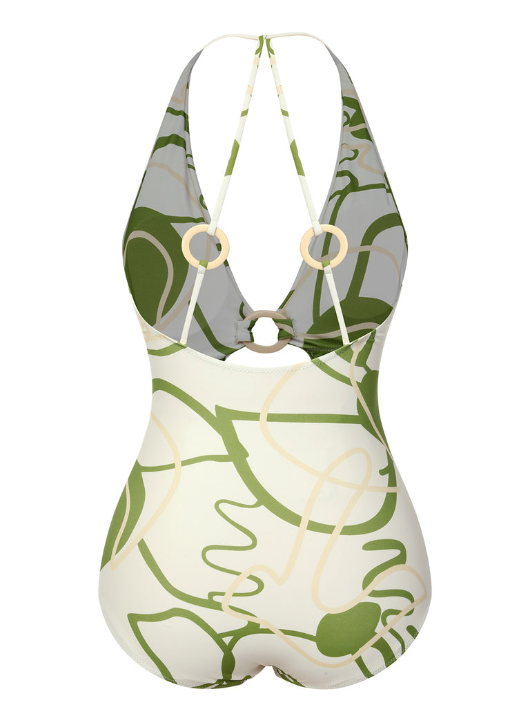 1950s Hollow Ring Backless Halter Swimsuit, vintage swimsuit, pin-up swimwear - perfect for women who love vintage and retro fashion