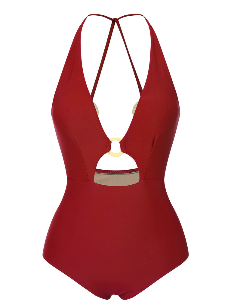1950s Hollow Ring Backless Halter Swimsuit, vintage swimsuit, pin-up swimwear - perfect for women who love vintage and retro fashion