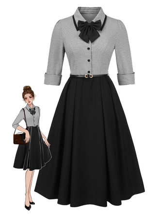 1950s Houndstooth Detachable Bow Collar Dress, vintage dress, retro fashion, rockabilly, pin-up fashion - perfect for women who love vintage and retro fashion