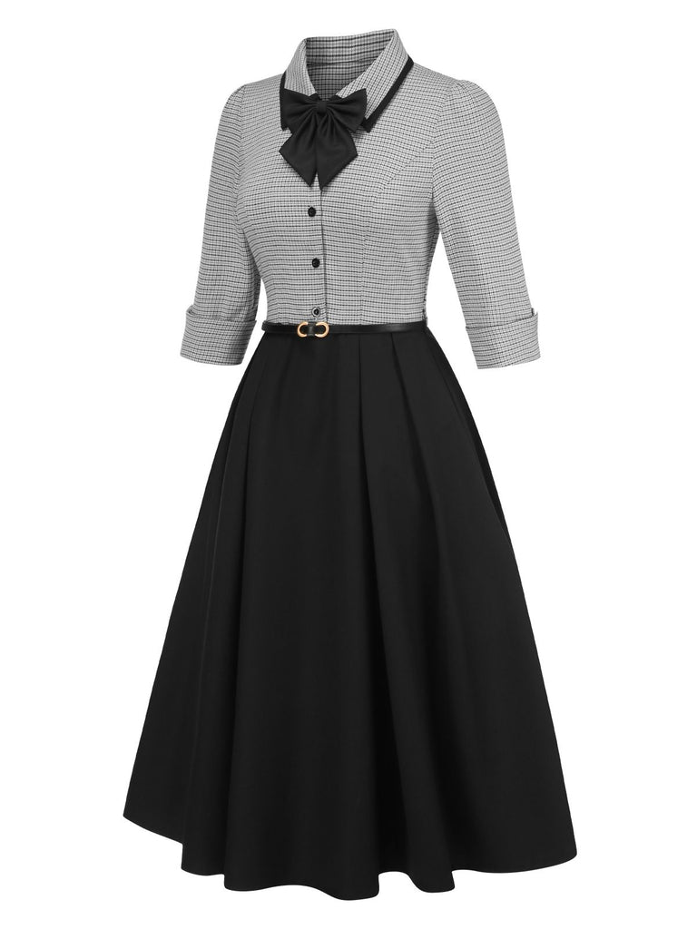 black and white houndstooth dress Retro Stage 1950s Black White Houndstooth Top Pleated Hem Midi Dress
