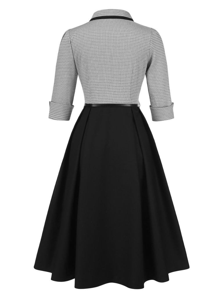 slim fit dress slacks Retro Stage 1950s Black White Houndstooth Top Pleated Hem Midi Dress