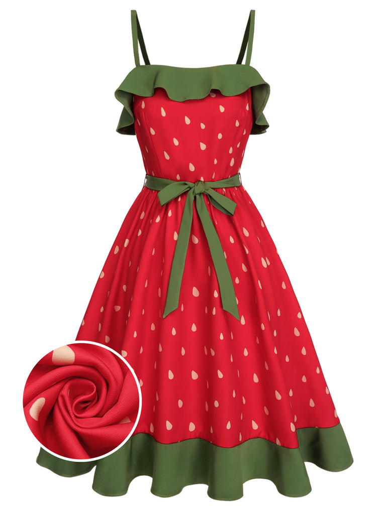 Strawberry Print Retro Swing Dress | 50s Pin-Up Ruffle Off-Shoulder Midi Dress Strawberry Print Retro Swing Dress | 50s Pin-Up Ruffle Off-Shoulder Midi Dress
